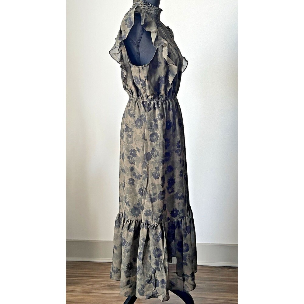 Steve‎ Madden Boho Floral Maxi Dress Olive Green Smocked Neck Garden Party  Sz L - Picture 6 of 12